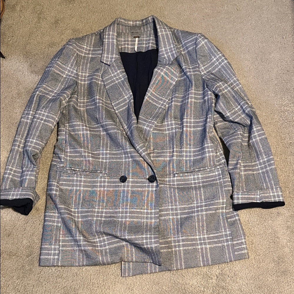 Free People Black,white, Gray Plaid Blazer Sz L oversized fit
